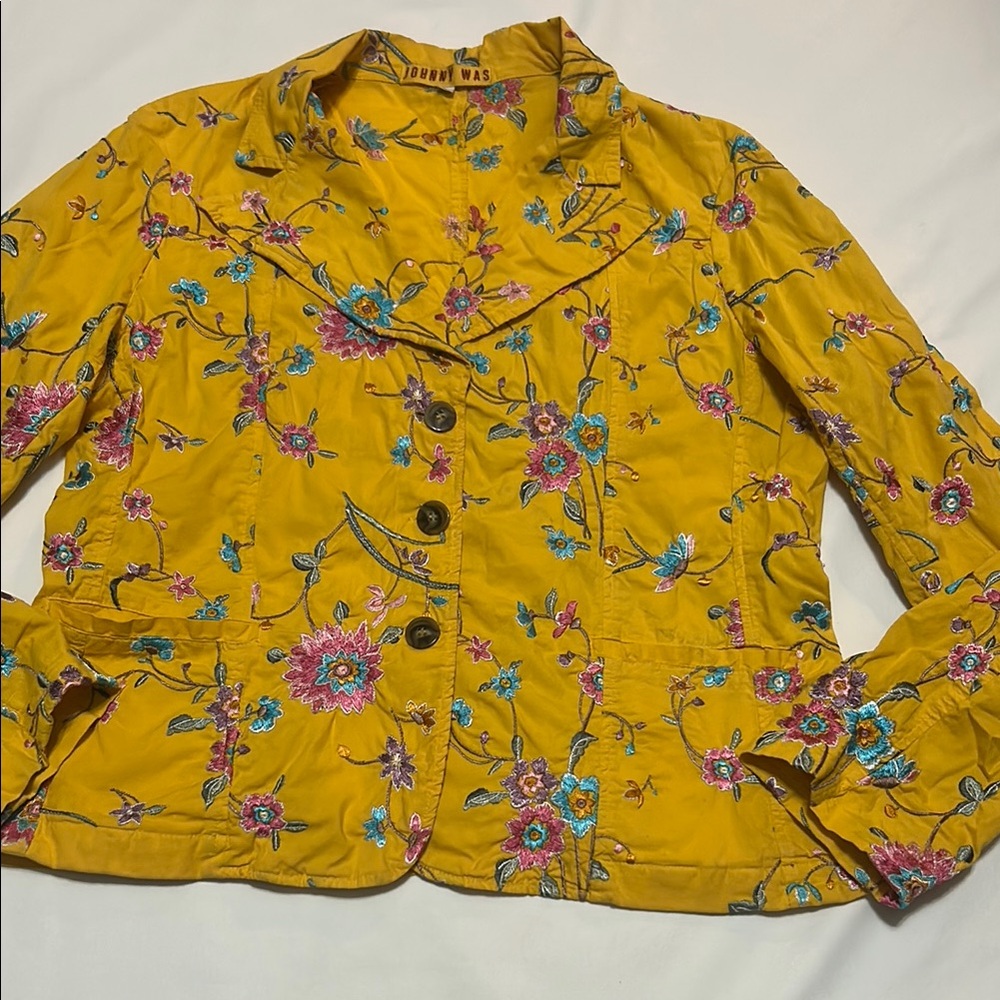 Johnny Was Women's Yellow Floral Embroidered Jacket L